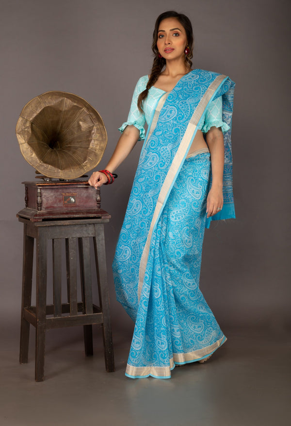 Online Shopping for Blue  Skin Printed Chanderi Sico Saree with Fancy/Ethnic Prints from Madhya Pradesh at Unnatisilks.com India
