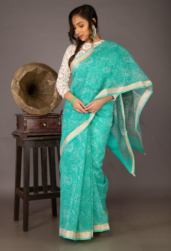 Online Shopping for Ivory Pure Banarasi Kota With Gold Embose Print and Embroidery Cotton Saree with Embroidery from Uttar Pradesh at Unnatisilks.com India

