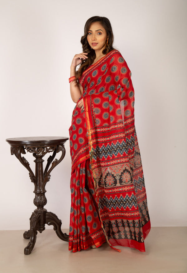 Online Shopping for Red Pure Ajrakh Mulmul Cotton Saree with Ajrakh from Rajasthan at Unnatisilks.com India
