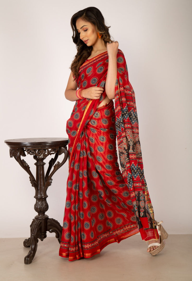Online Shopping for Red Pure Ajrakh Mulmul Cotton Saree with Ajrakh from Rajasthan at Unnatisilks.com India