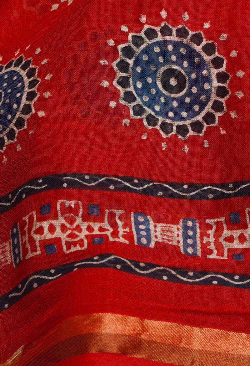 Online Shopping for Red Pure Ajrakh Mulmul Cotton Saree with Ajrakh from Rajasthan at Unnatisilks.com India
