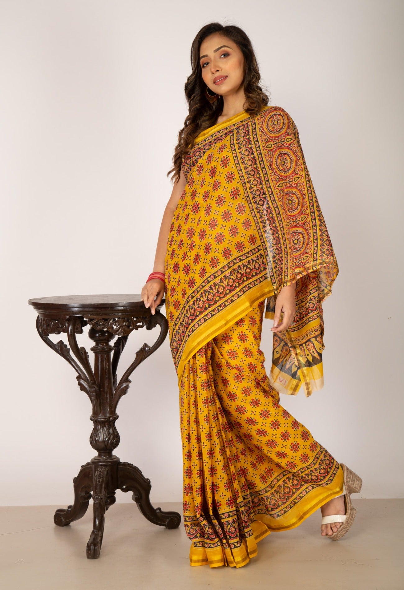 Online Shopping for Yellow Pure Ajrakh Mulmul Cotton Saree with Ajrakh from Rajasthan at Unnatisilks.com India