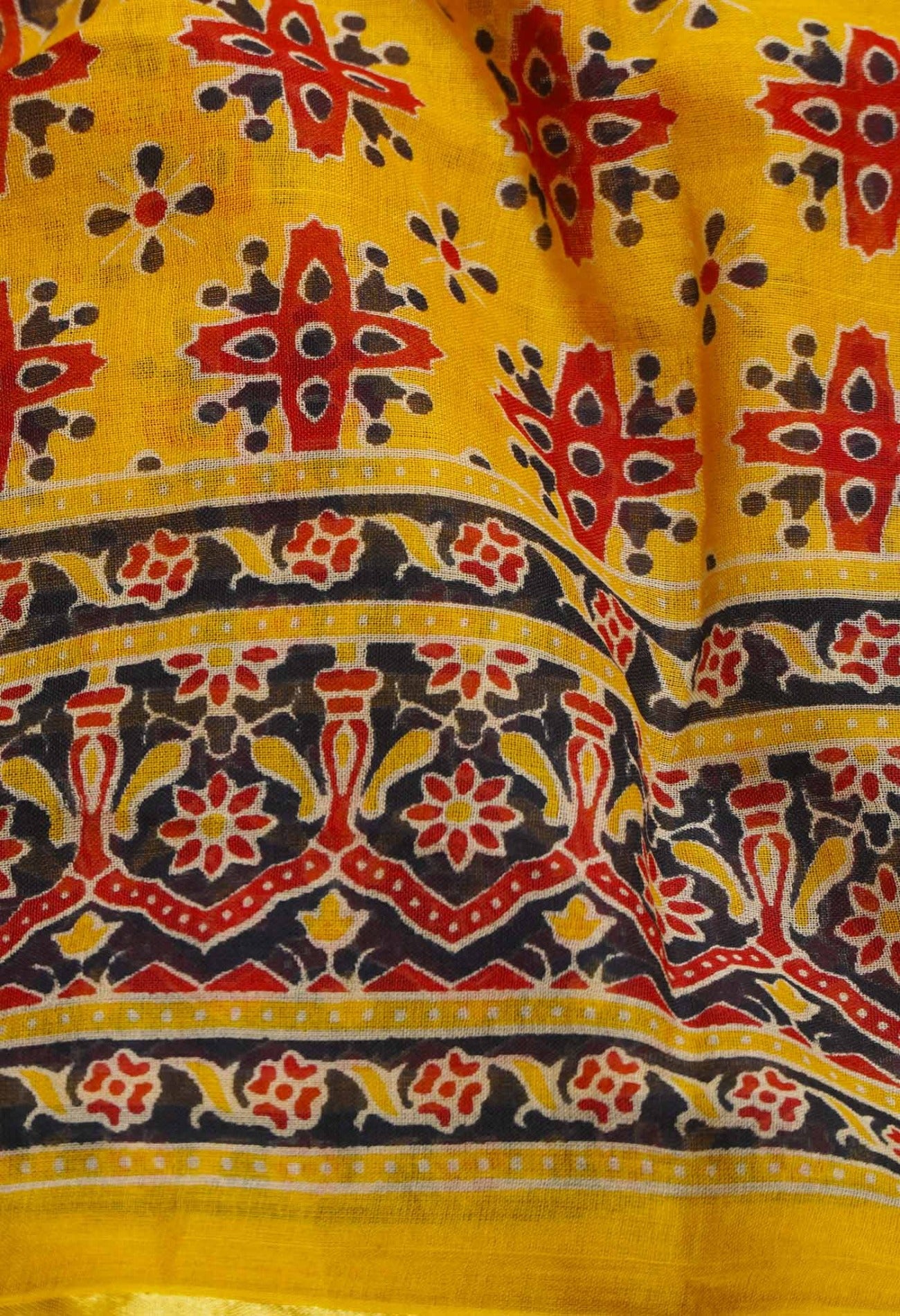 Online Shopping for Yellow Pure Ajrakh Mulmul Cotton Saree with Ajrakh from Rajasthan at Unnatisilks.com India
