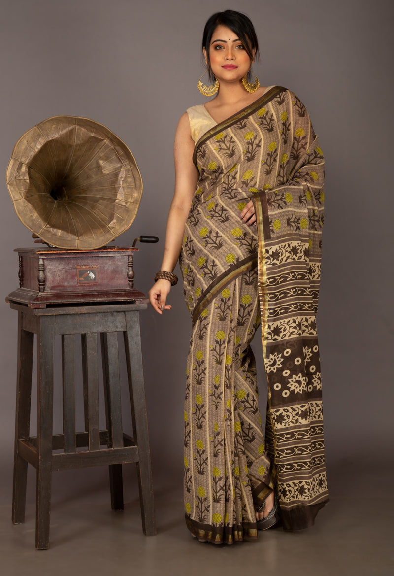 Grey-Black Pure Ajrakh Mulmul Cotton Saree-unm63186
