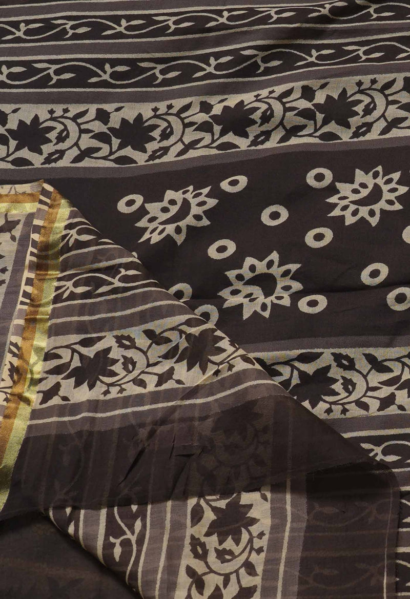 Grey-Black Pure Ajrakh Mulmul Cotton Saree-unm63186