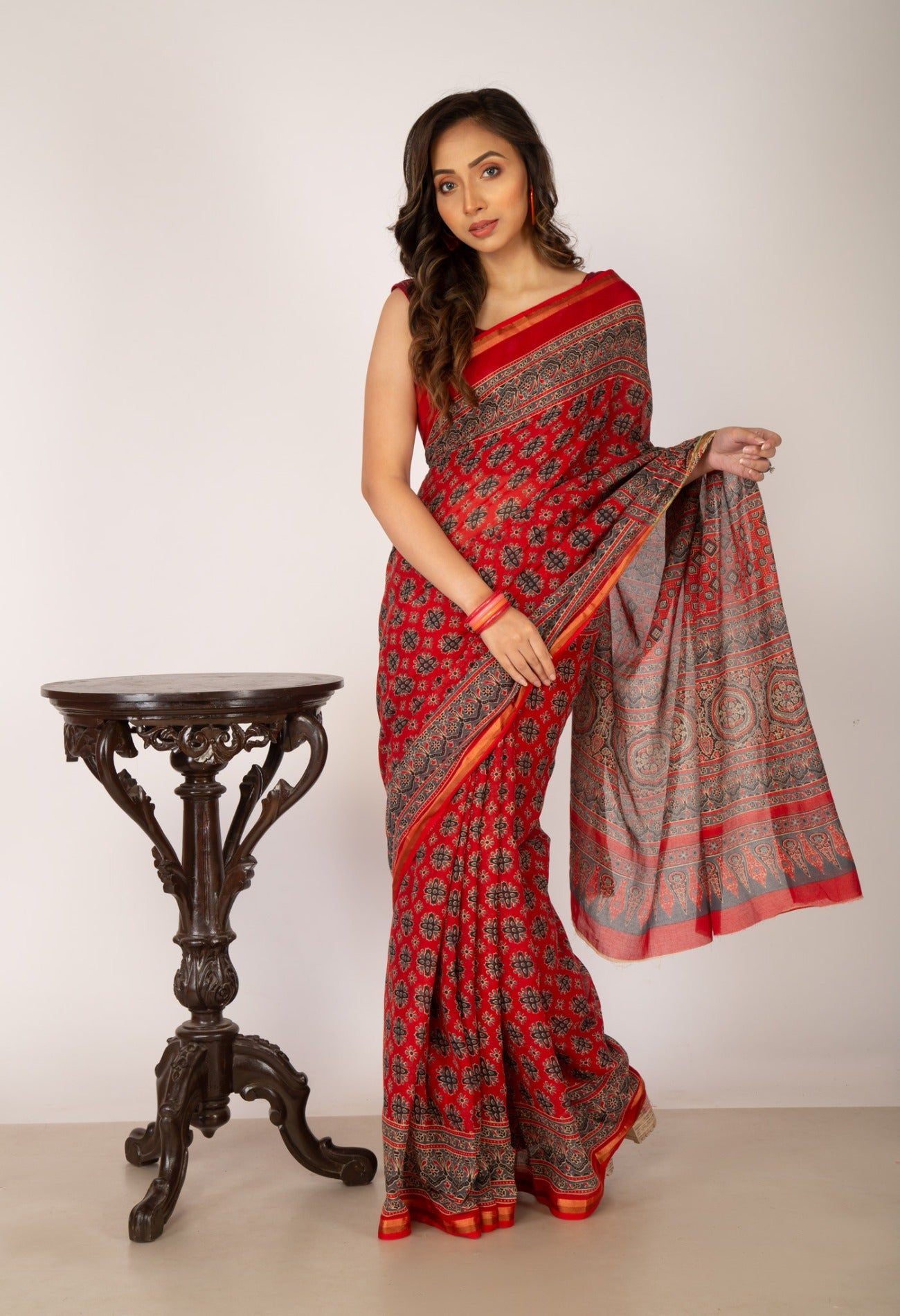 Online Shopping for Grey Pure Ajrakh Mulmul Cotton Saree with Ajrakh from Rajasthan at Unnatisilks.com India
