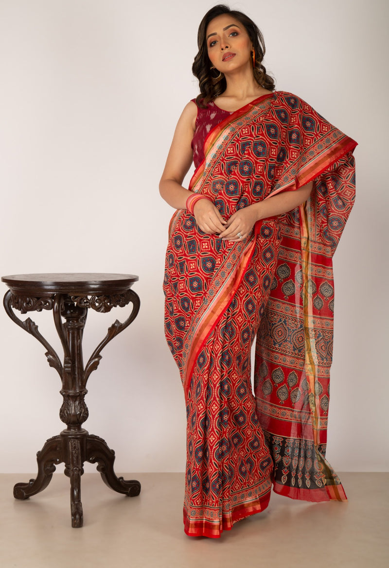 Red Pure Ajrakh Mulmul Cotton Saree