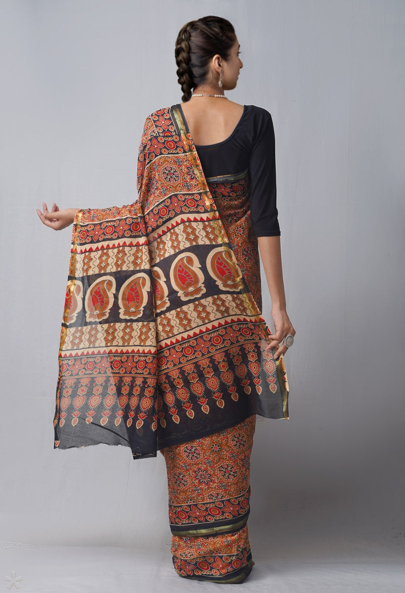 Online Shopping for Brown Pure Ajrakh Mulmul Cotton Saree with Ajrakh from Rajasthan at Unnatisilks.com India
