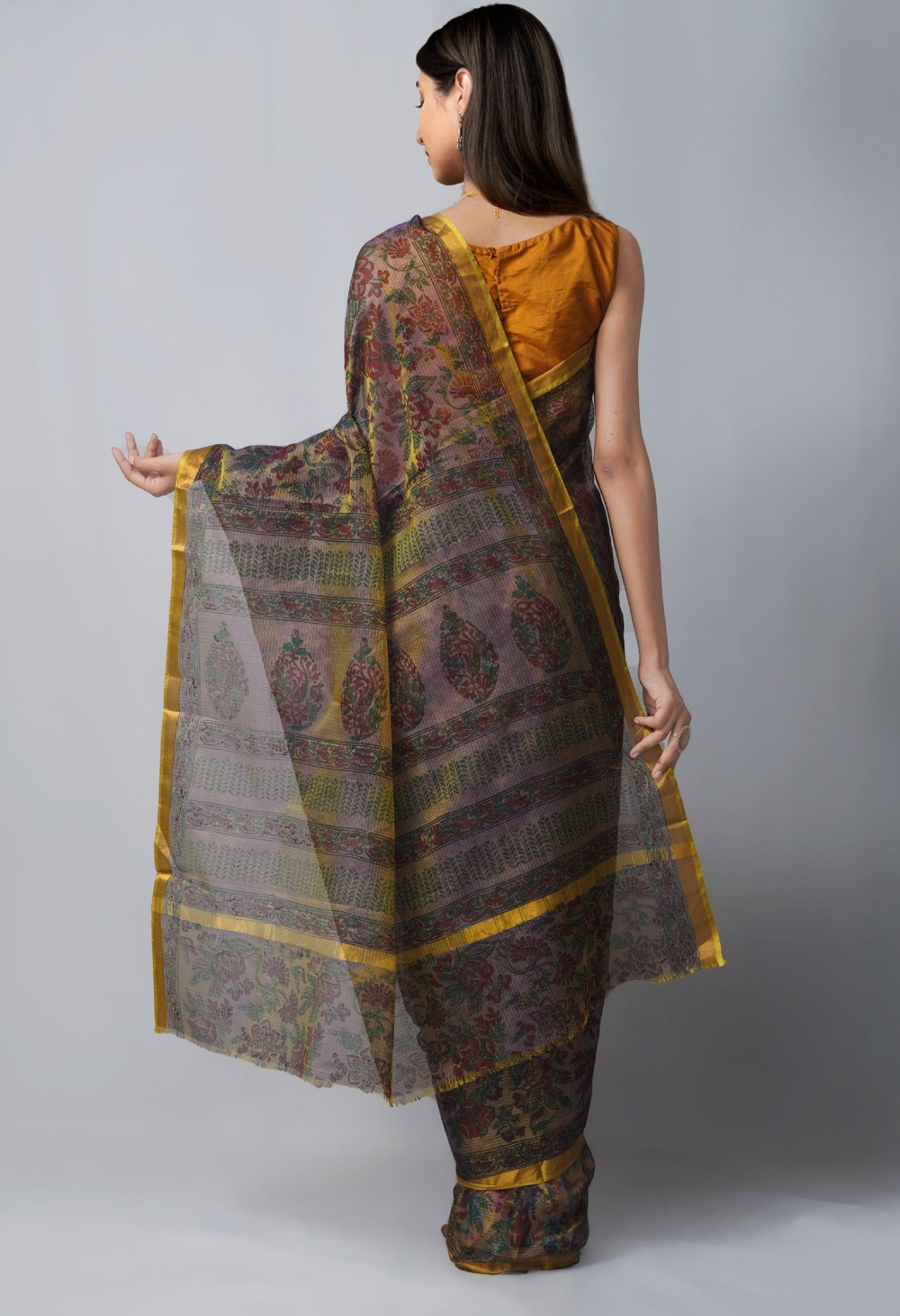 Online Shopping for Navy Blue-Yellow Pure Kota Hand Block Print Silk Saree with Hand Block Prints from Rajasthan at Unnatisilks.com India
