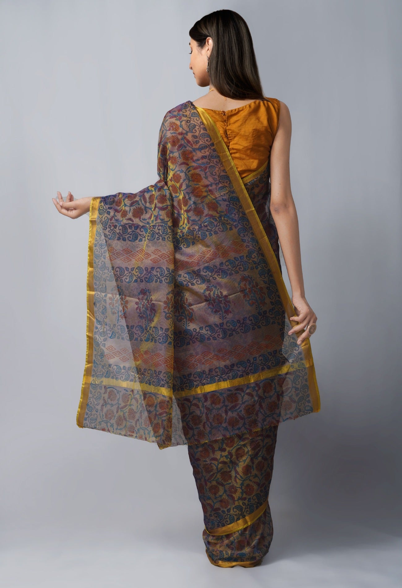 Online Shopping for Navy Blue-Yellow Pure Kota Hand Block Print Silk Saree with Hand Block Prints from Rajasthan at Unnatisilks.com India
