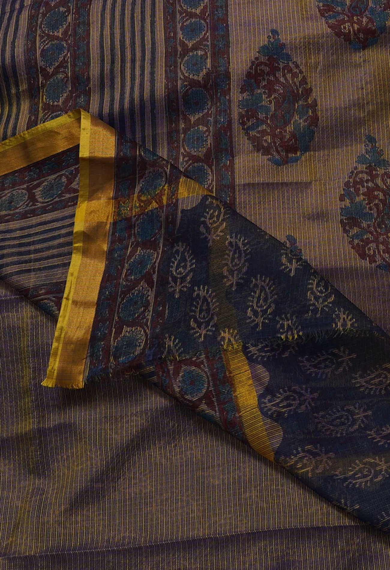 Online Shopping for Navy Blue Pure Kota Hand Block Print Silk Saree with Hand Block Prints from Rajasthan at Unnatisilks.com India
