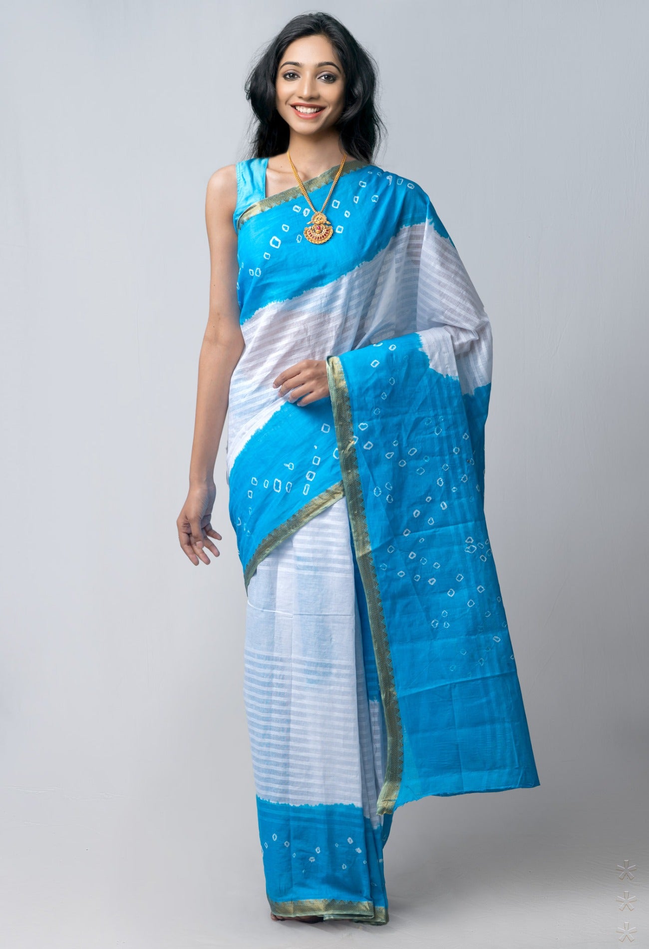 Online Shopping for White-Blue Pure Bandhani Cotton Saree with Tie-N-Dye from Rajasthan at Unnatisilks.com India
