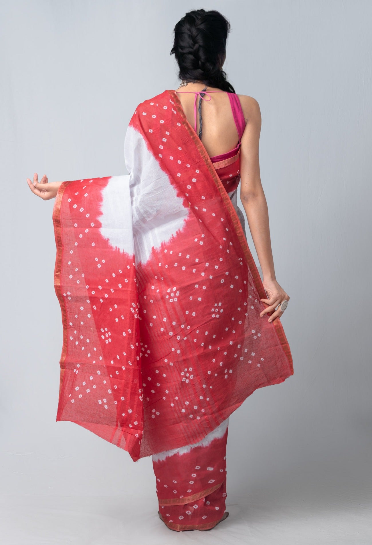 Online Shopping for White-Red Pure Bandhani Cotton Saree with Tie-N-Dye from Rajasthan at Unnatisilks.com India
