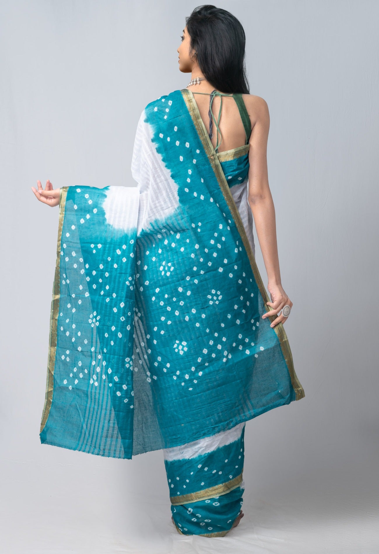 Online Shopping for White-Green Pure Bandhani Cotton Saree with Tie-N-Dye from Rajasthan at Unnatisilks.com India
