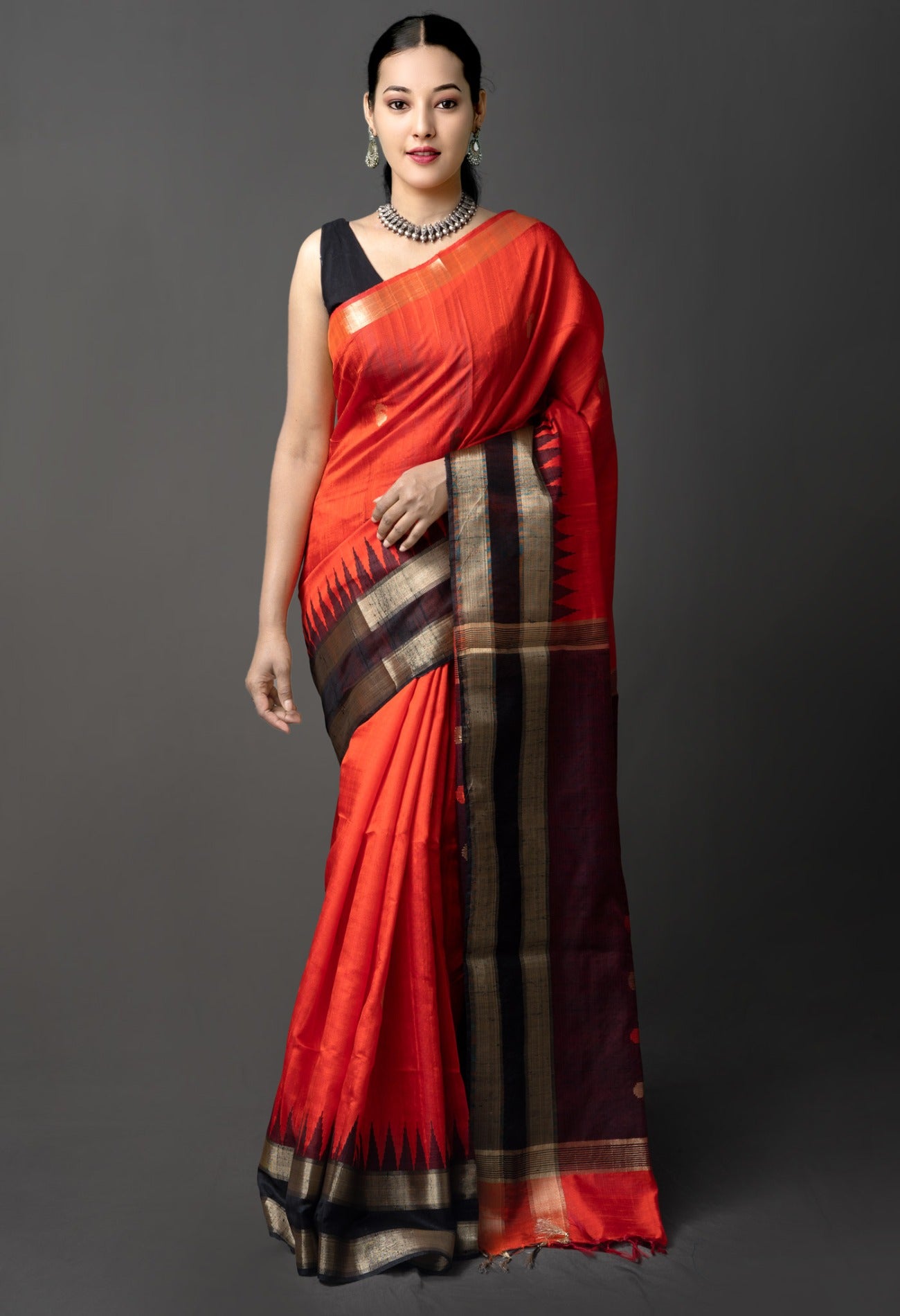 Online Shopping for Orange Pure Dupion  Silk Saree with Weaving from West Bengal at Unnatisilks.com India
