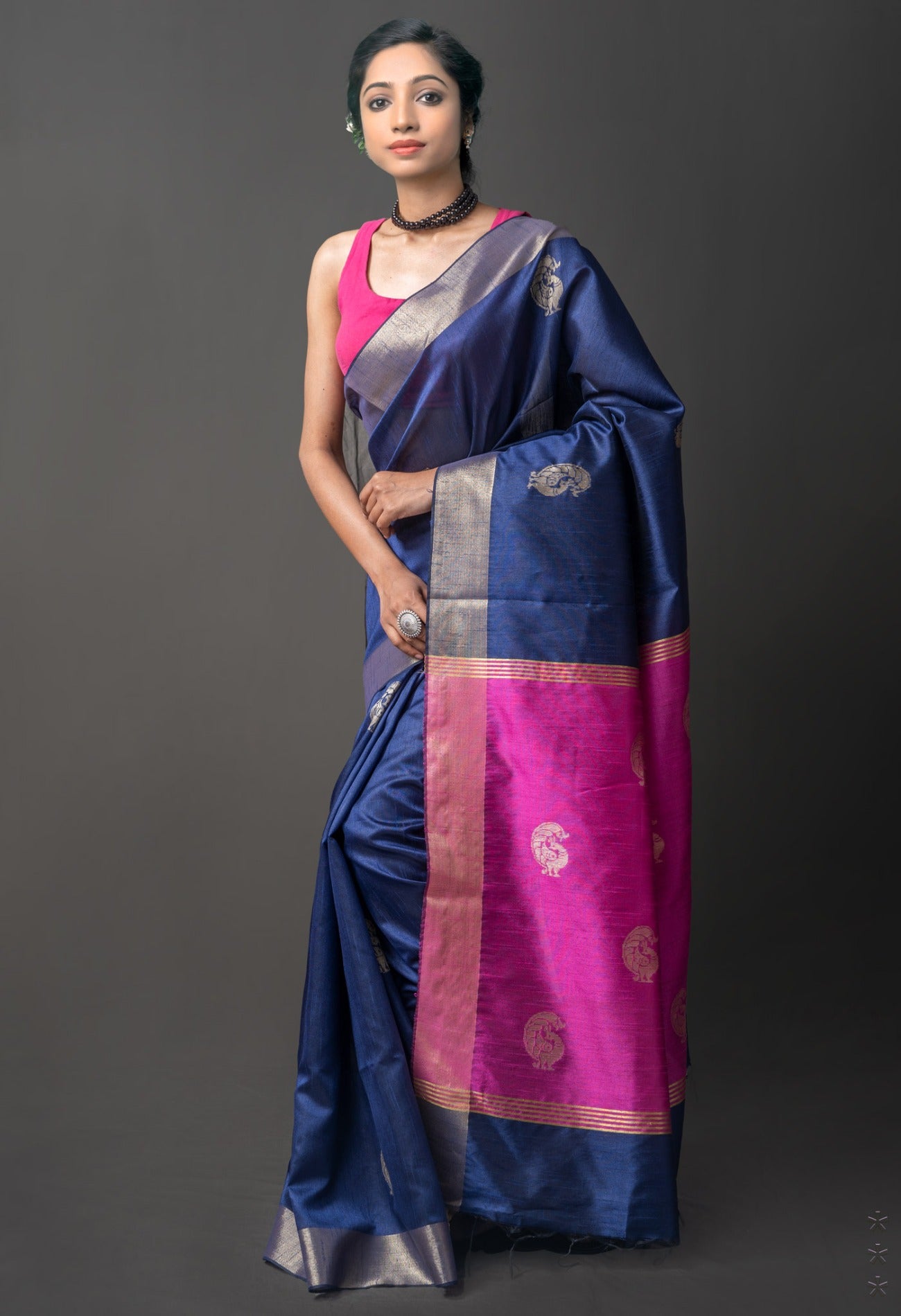 Online Shopping for Navy Blue  Dupion  Silk Saree with Weaving from West Bengal at Unnatisilks.com India
