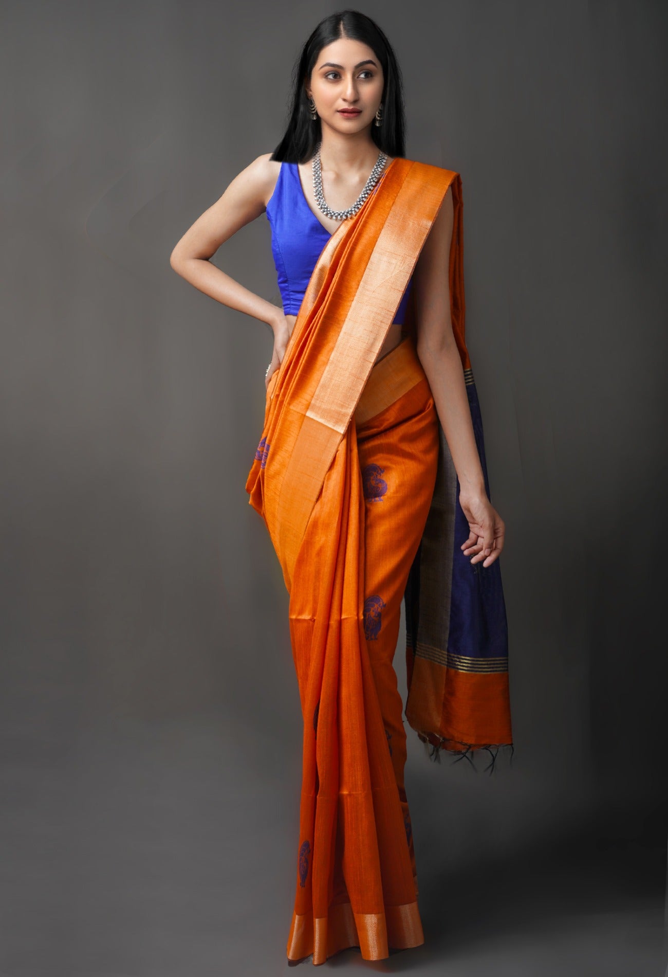 Online Shopping for Rust Orange  Bengal Linen Saree with Weaving from West Bengal at Unnatisilks.com India
