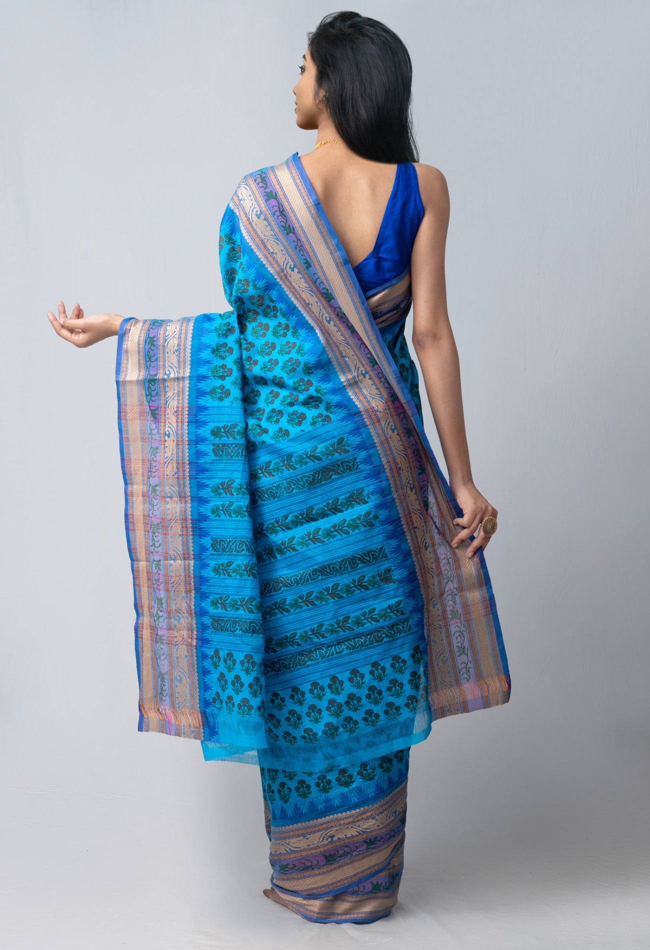 Online Shopping for Blue  Block Printed Kanchi Cotton Saree with Hand Block Prints from Tamil Nadu at Unnatisilks.com India
