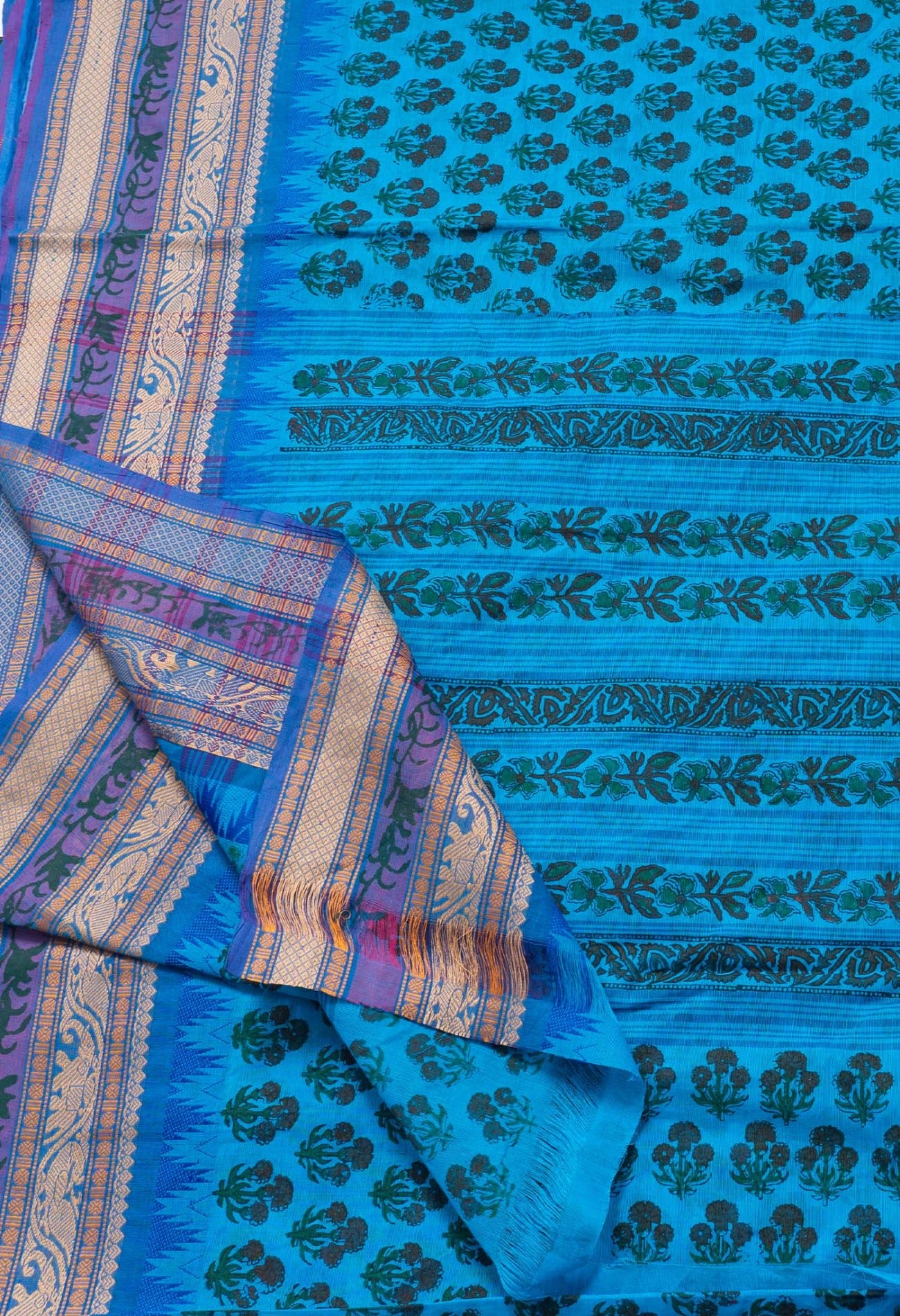 Blue  Block Printed Kanchi Cotton Saree-UNM63288