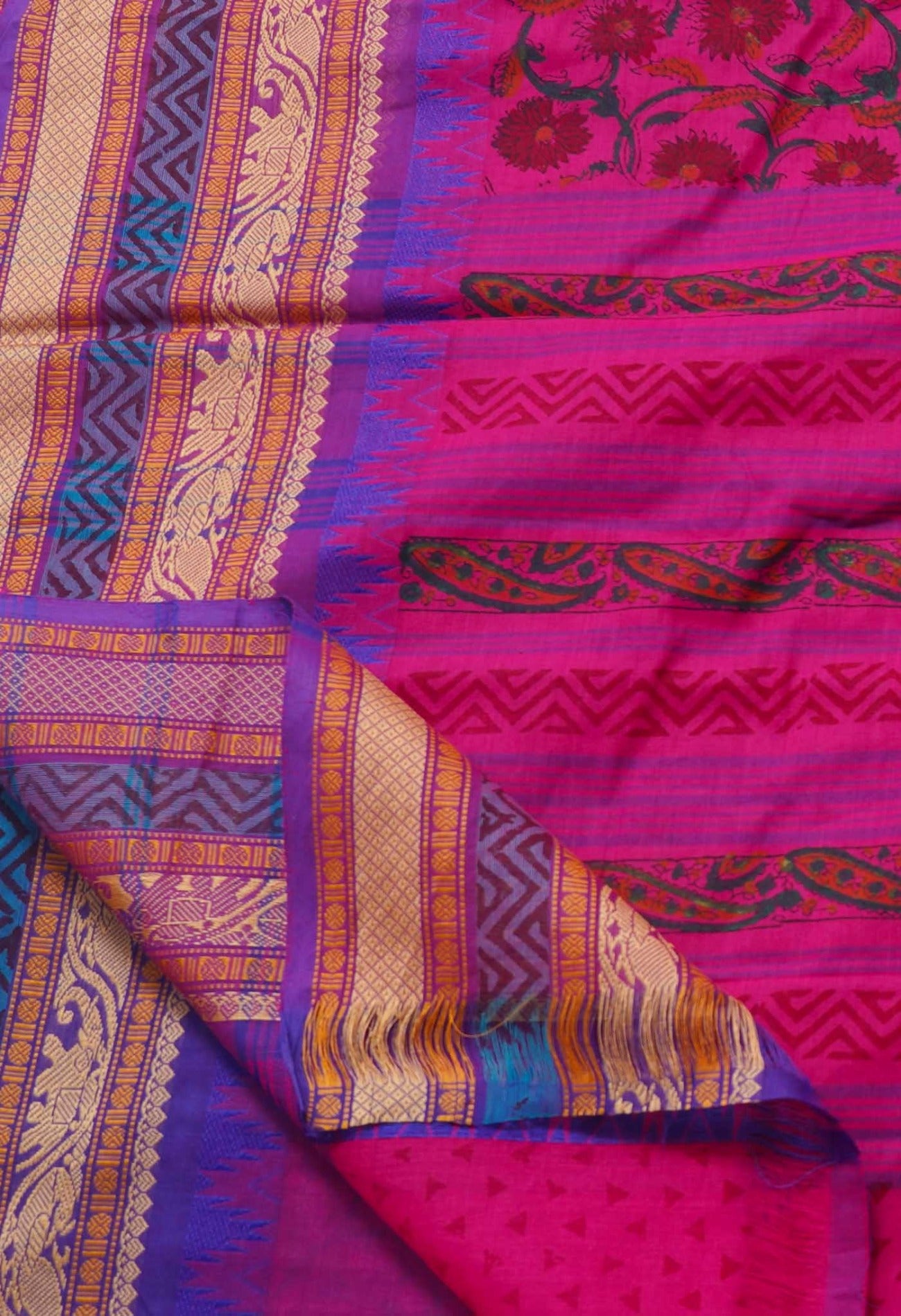 Pink  Block Printed Kanchi Cotton Saree-UNM63289