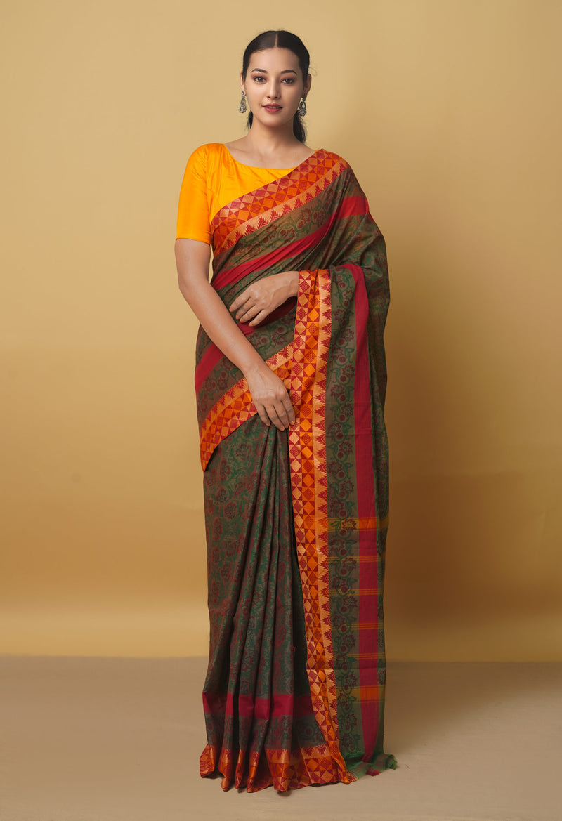 Green  Block Printed Kanchi Cotton Saree