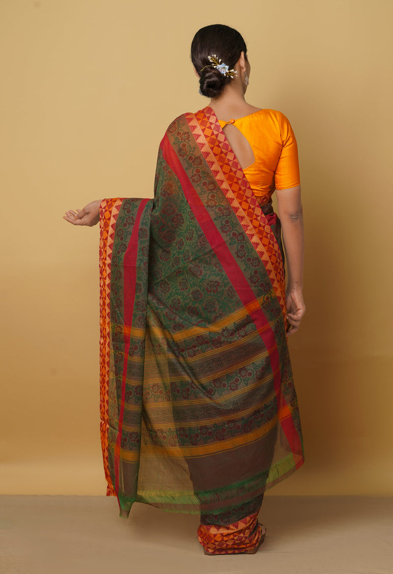 Green  Block Printed Kanchi Cotton Saree