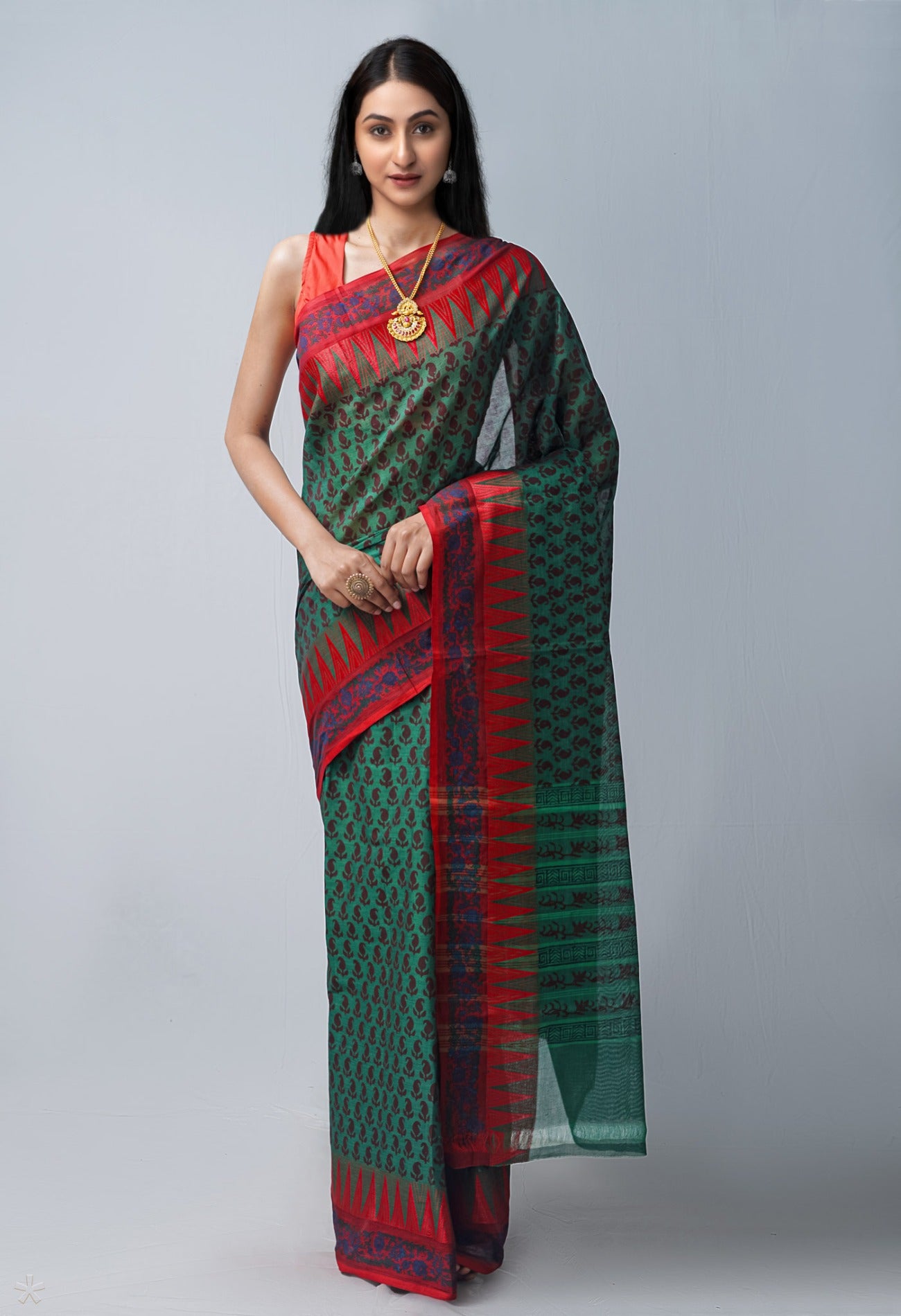 Online Shopping for Green  Block Printed Kanchi Cotton Saree with Hand Block Prints from Tamil Nadu at Unnatisilks.com India
