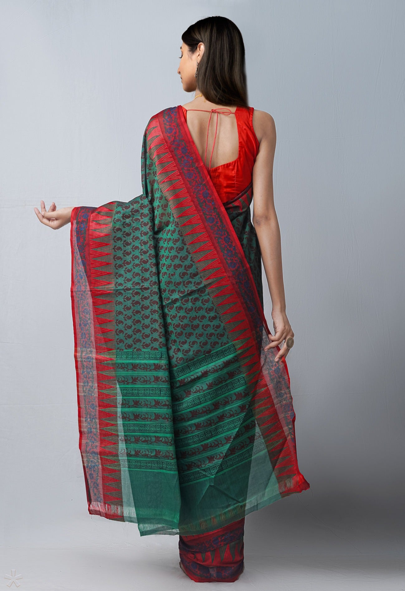 Online Shopping for Green  Block Printed Kanchi Cotton Saree with Hand Block Prints from Tamil Nadu at Unnatisilks.com India
