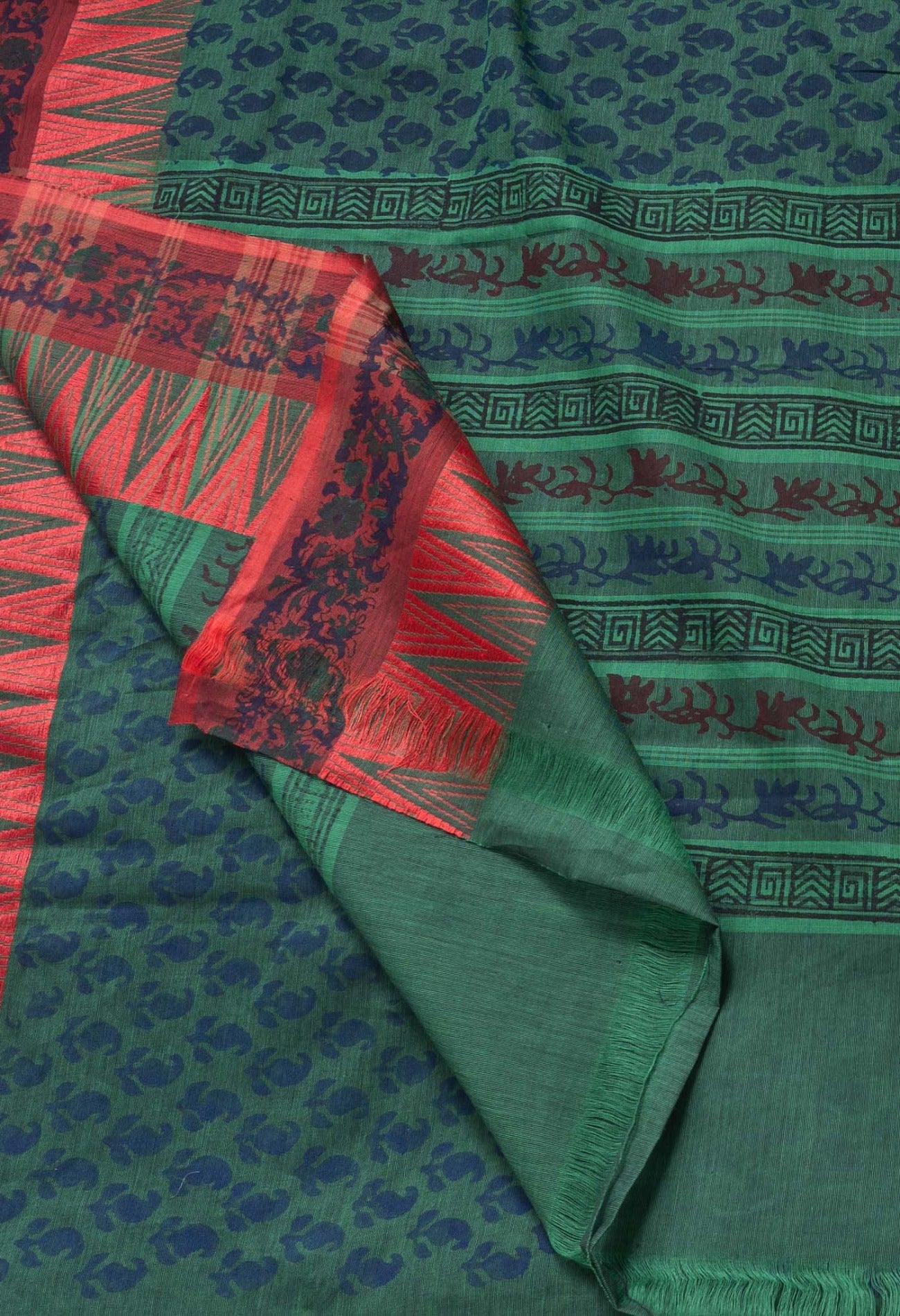 Green  Block Printed Kanchi Cotton Saree