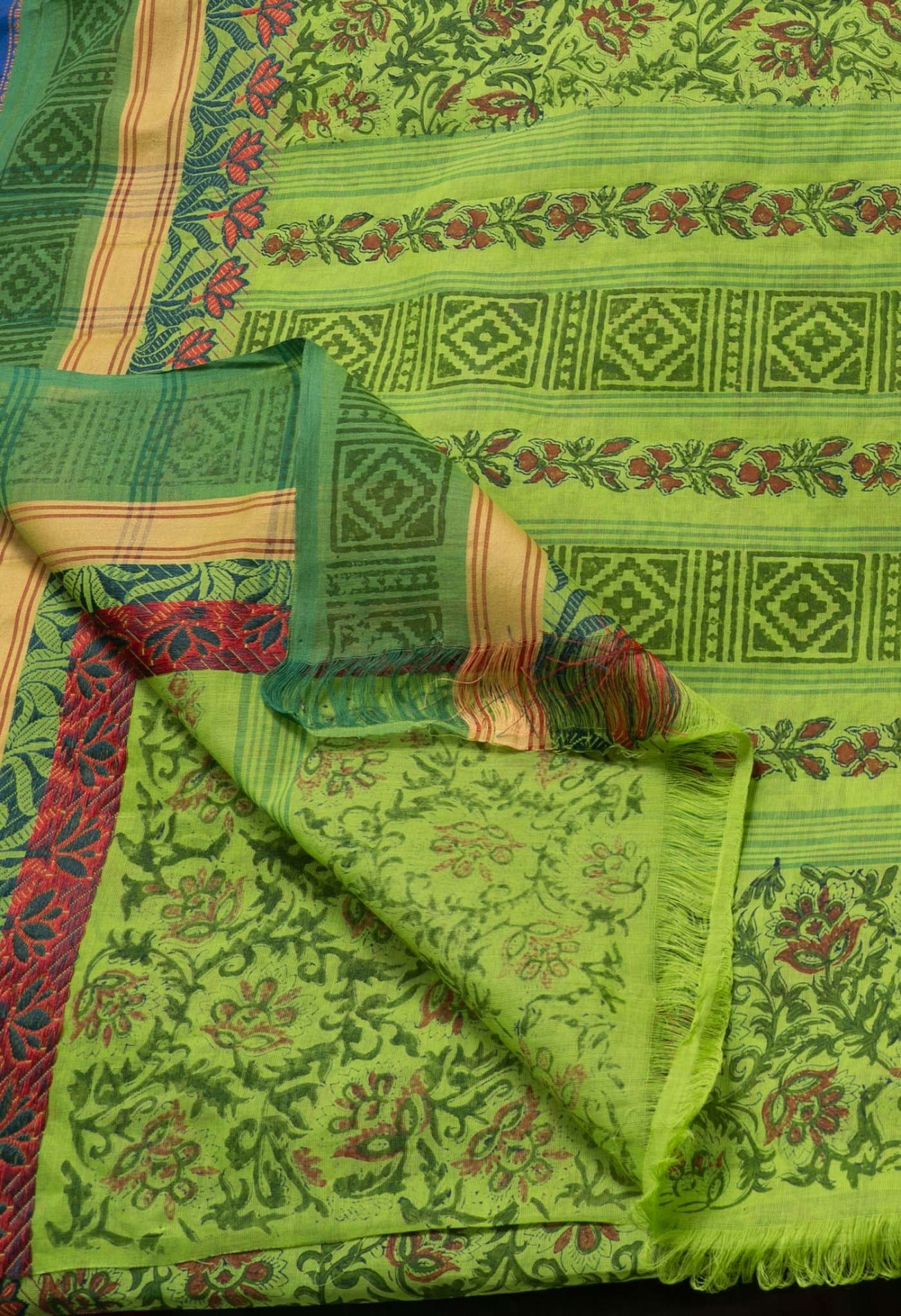 Green  Block Printed Kanchi Cotton Saree-UNM63299