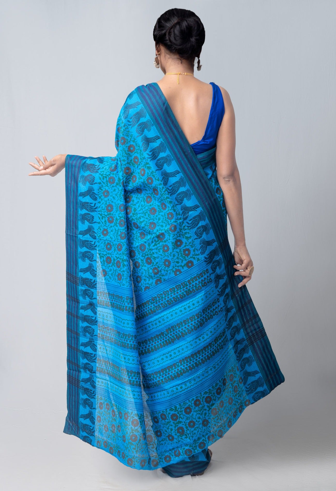 Online Shopping for Blue  Block Printed Kanchi Cotton Saree with Hand Block Prints from Tamil Nadu at Unnatisilks.com India
