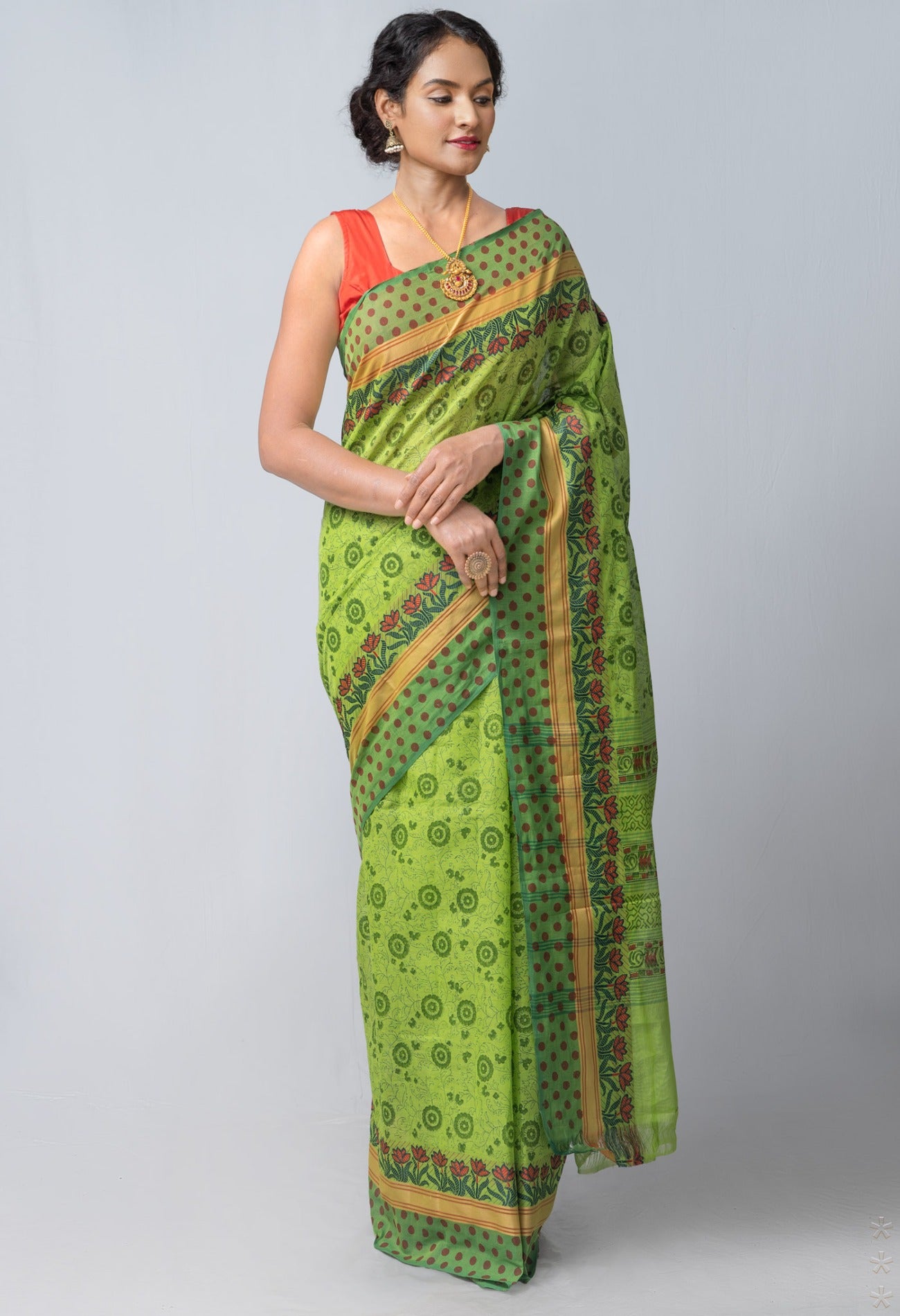 Online Shopping for Green  Block Printed Kanchi Cotton Saree with Hand Block Prints from Tamil Nadu at Unnatisilks.com India

