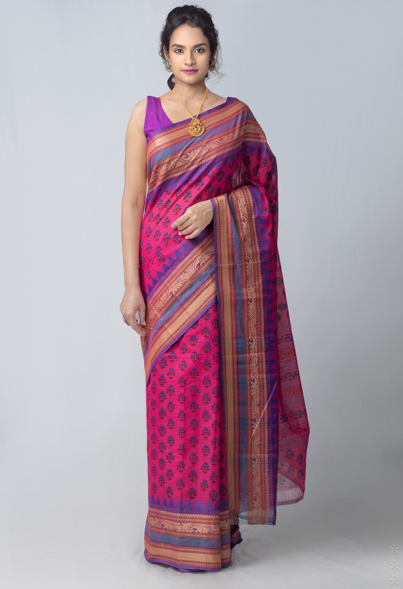 Online Shopping for Pink  Block Printed Kanchi Cotton Saree with Hand Block Prints from Tamil Nadu at Unnatisilks.com India
