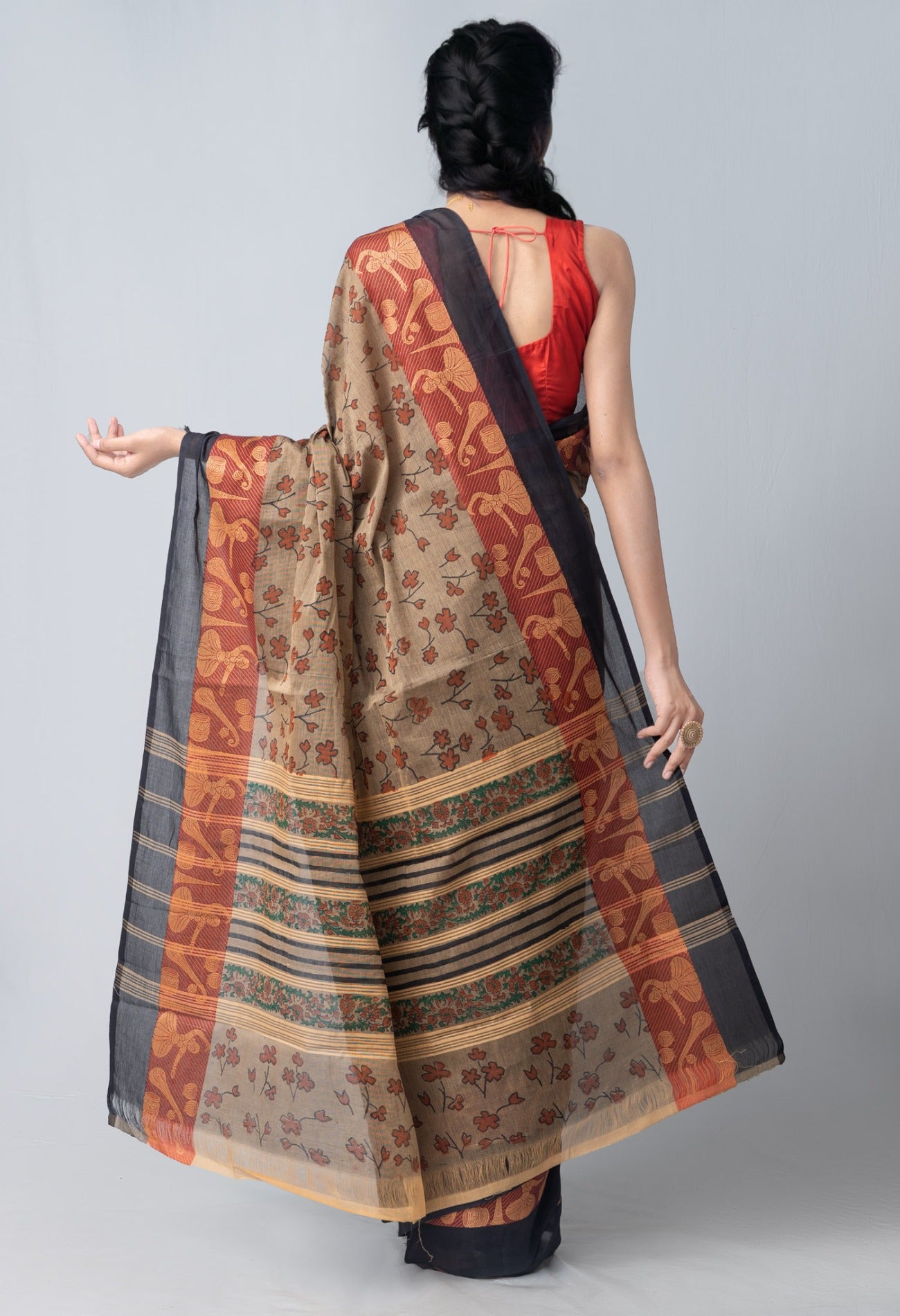 Online Shopping for Brown  Block Printed Kanchi Cotton Saree with Hand Block Prints from Tamil Nadu at Unnatisilks.com India
