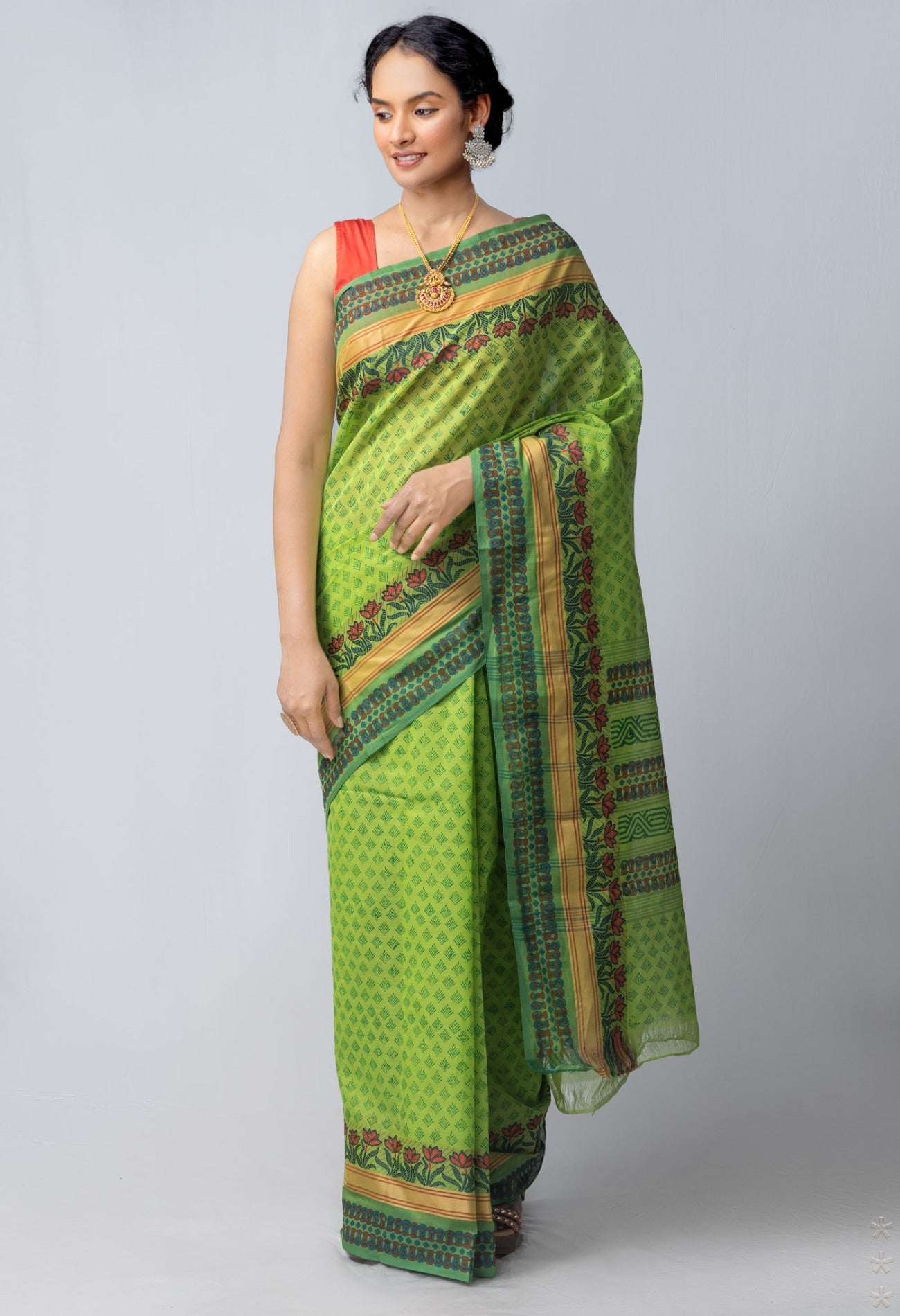 Green  Block Printed Kanchi Cotton Saree-UNM63306