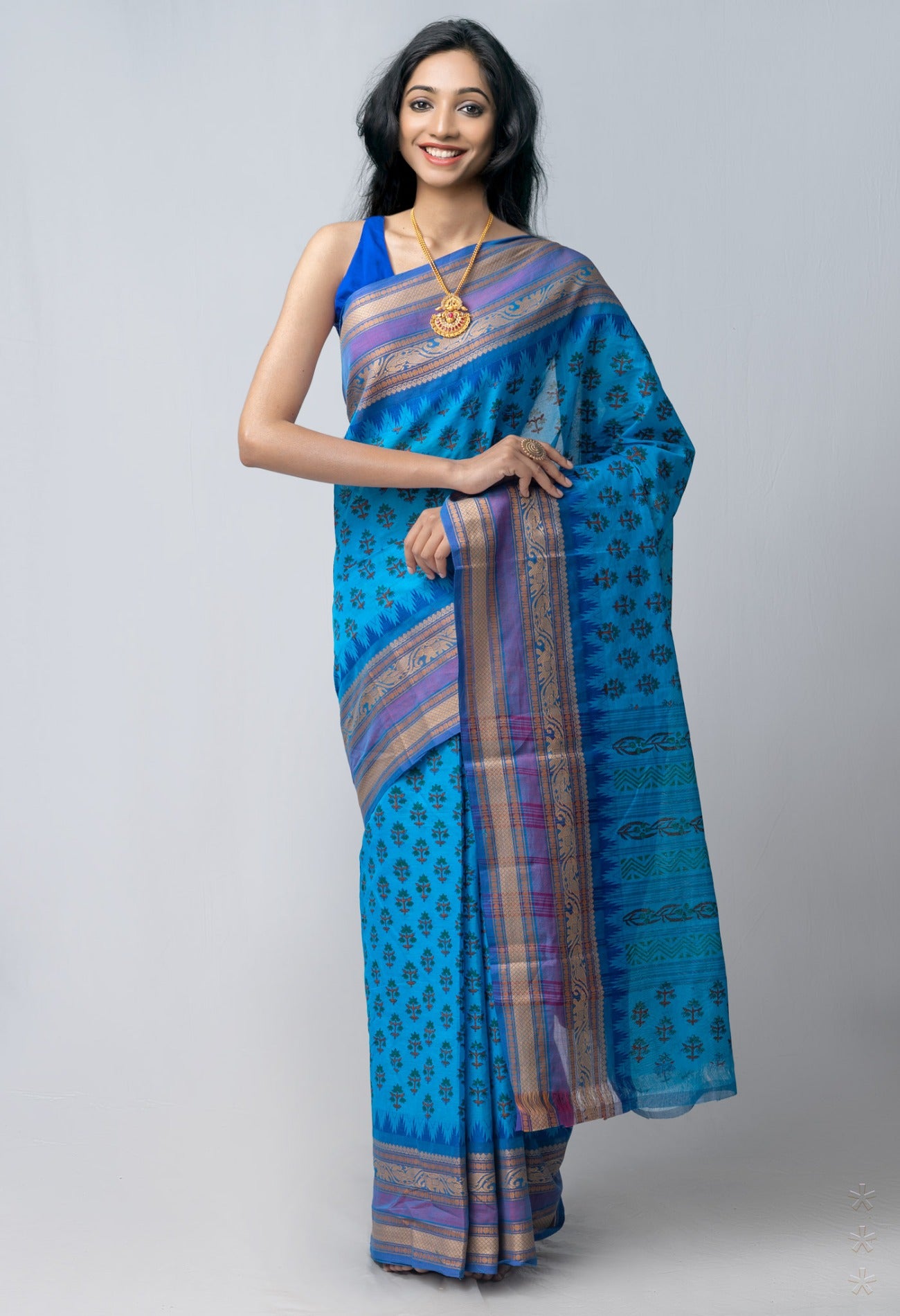 Online Shopping for Blue  Block Printed Kanchi Cotton Saree with Hand Block Prints from Tamil Nadu at Unnatisilks.com India
