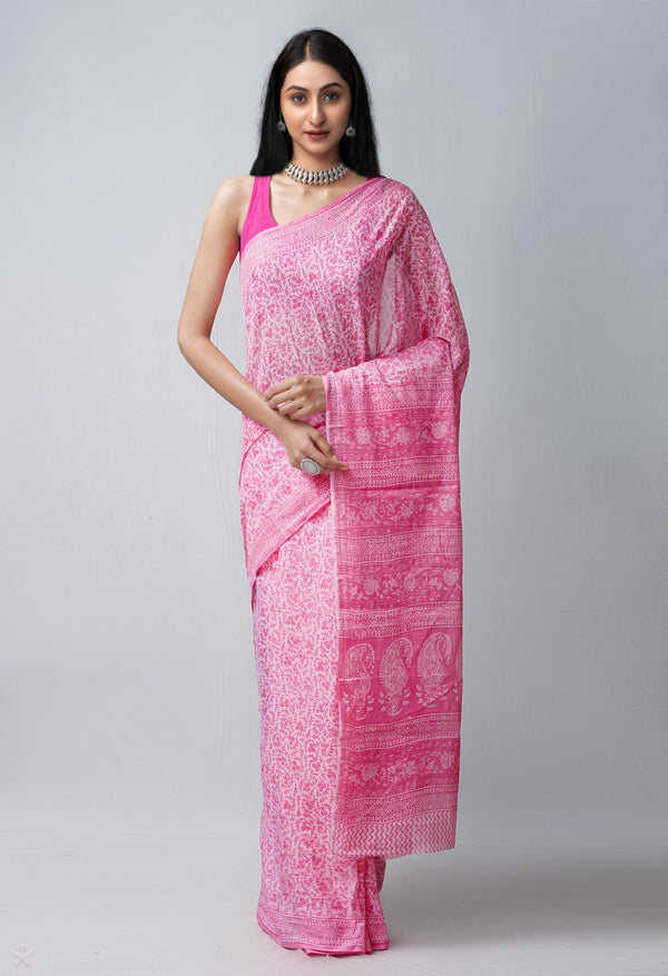 Pink Pure Block Printed Mulmul Cotton Saree