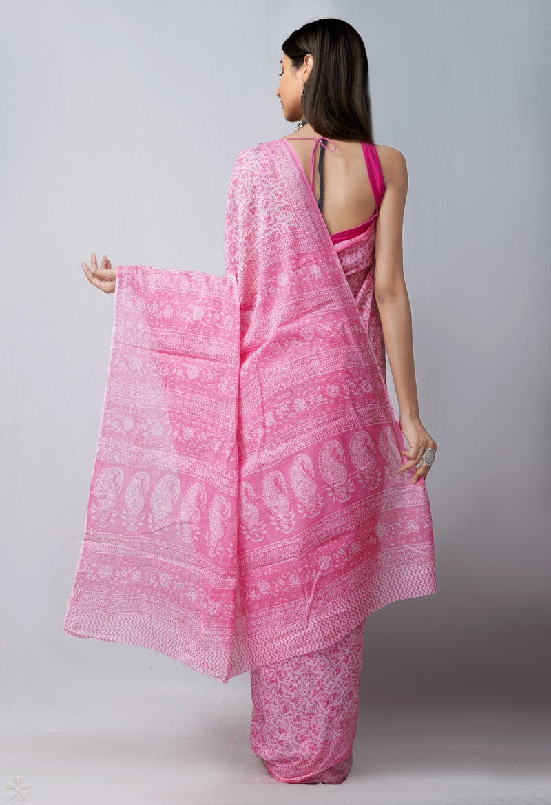 Online Shopping for Pink Pure Block Printed Mulmul Cotton Saree with Hand Block Prints from Rajasthan at Unnatisilks.com India
