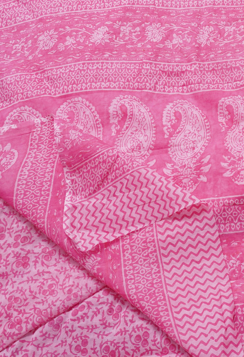 Pink Pure Block Printed Mulmul Cotton Saree