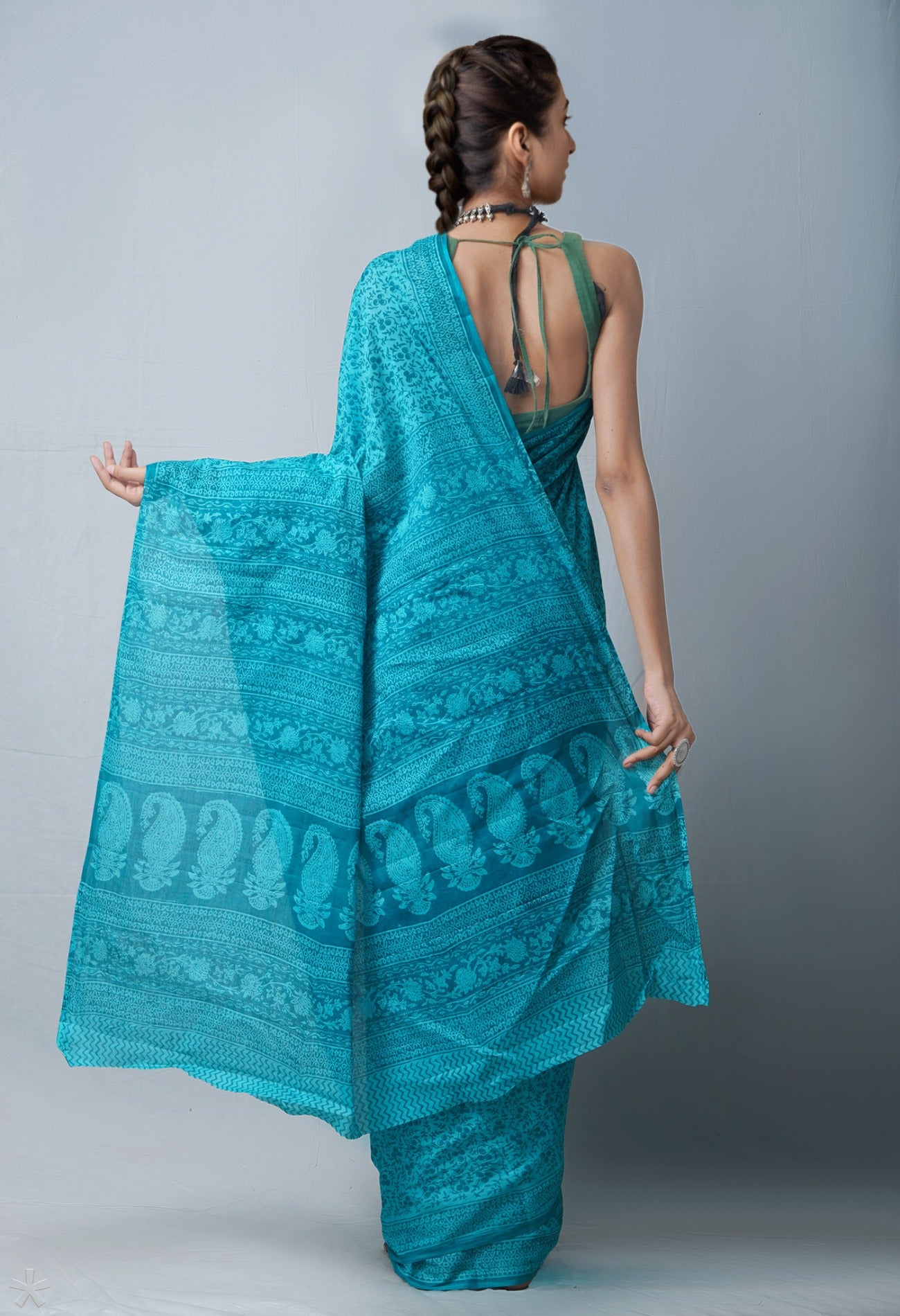 Online Shopping for Green Pure Block Printed Mulmul Cotton Saree with Hand Block Prints from Rajasthan at Unnatisilks.com India
