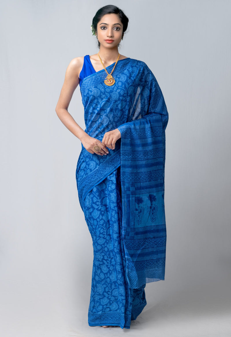 Online Shopping for Blue Pure Block Printed Mulmul Cotton Saree with Hand Block Prints from Rajasthan at Unnatisilks.com India

