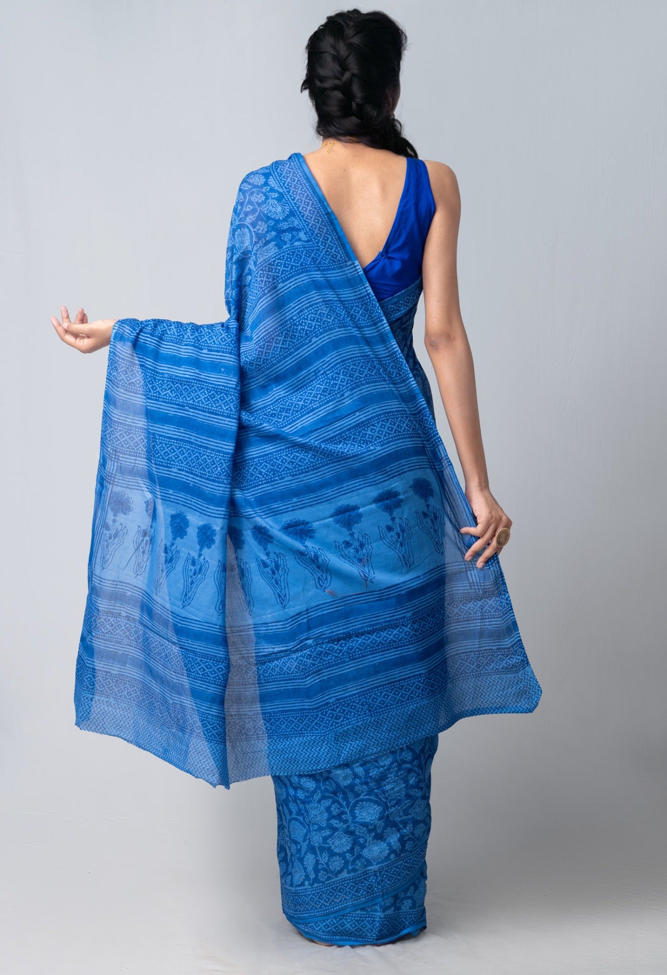 Online Shopping for Blue Pure Block Printed Mulmul Cotton Saree with Hand Block Prints from Rajasthan at Unnatisilks.com India
