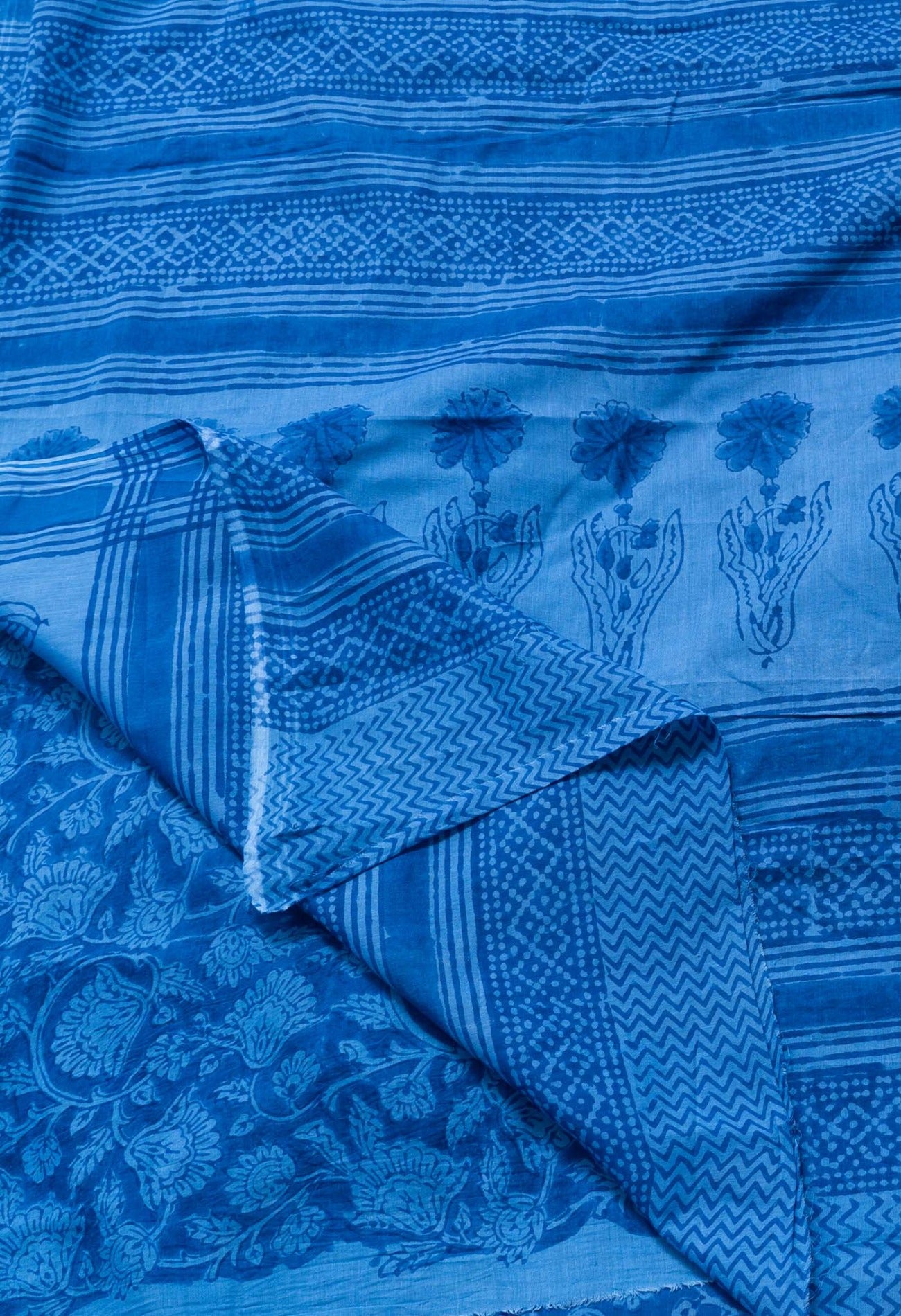 Blue Pure Block Printed Mulmul Cotton Saree