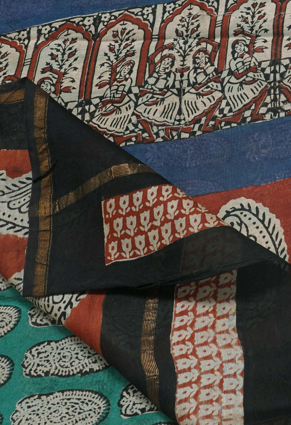 Green Pure Preet Bagru Chanderi Sico Saree-UNM63350