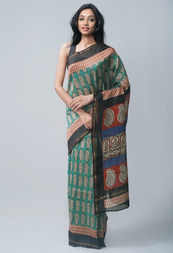 Online Shopping for Green Pure Preet Bagru Chanderi Sico Saree with Bagru from Madhya Pradesh at Unnatisilks.com India
