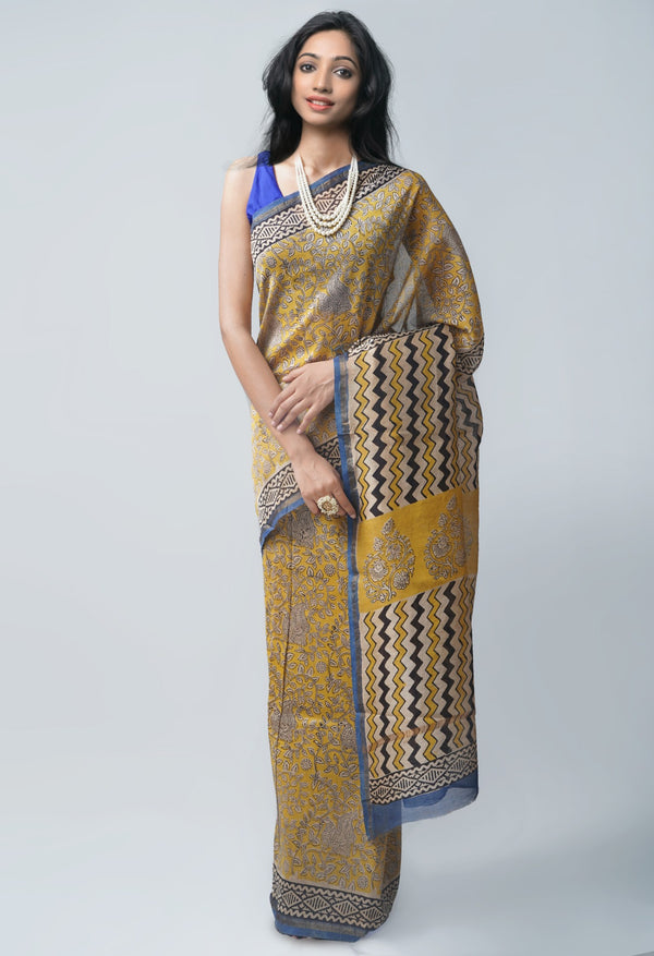 Yellow Pure Preet Bagru Chanderi Sico Saree-UNM63351
