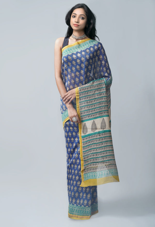 Online Shopping for Blue Pure Preet Bagru Chanderi Sico Saree with Bagru from Madhya Pradesh at Unnatisilks.com India
