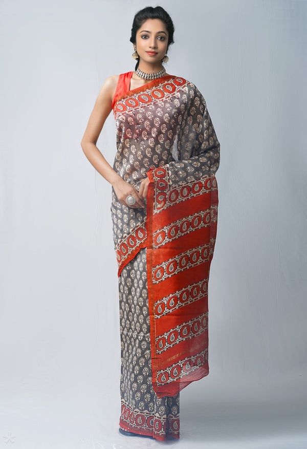Grey Pure Preet Bagru Chanderi Sico Saree-UNM63353