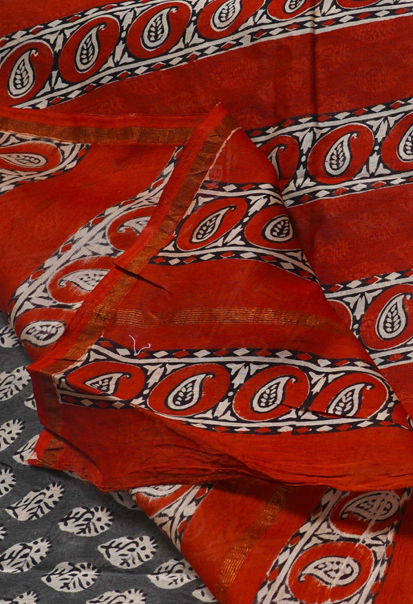 Grey Pure Preet Bagru Chanderi Sico Saree-UNM63353