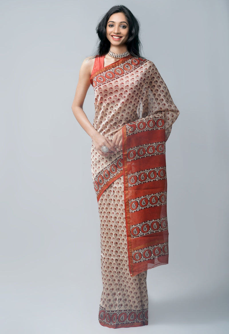 Cream Pure Preet Bagru Chanderi Sico Saree